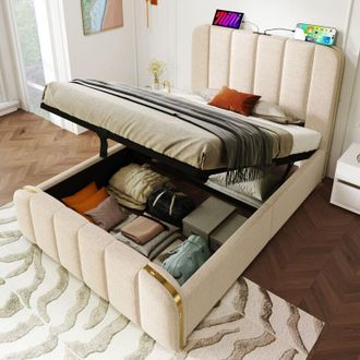 vidaXL Letto imbottito letto singolo, testiera imbottita con strisce decorative dorate e funzione di ricarica usb Type-C 90 x 200 cm, tessuto di lino beige