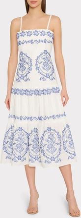 Milly Lela Placed Embroidery Linen & Cotton Midi Dress in White/blue at Nordstrom, Size 10