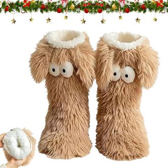 Generic Muffle Friends Cozy Socks, Winter Thick Warm Fluffy Soft Fuzzy Non-slip Slipper Socks with Cute Big Eyes Home Socks (Light coffee)