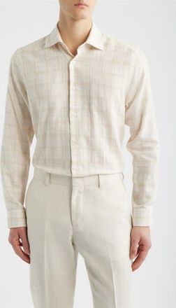 Jack Victor Edgemont Plaid Cotton & Linen Button-Up Shirt in Tan at Nordstrom, Size Xx-Large