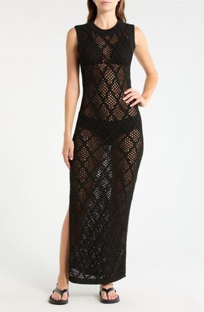 Elan Open Stitch Ruffle Hem Cover-Up Maxi Dress in Black at Nordstrom, Size X-Small