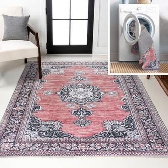Jonathan Y Designs Bausch Bohemian Distressed Chenille Machine-Washable Area Rug in Dark Pink/black/white at Nordstrom, Size 3Ft 0In X 5Ft 0In