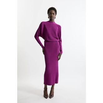 Karen Millen Drape Knit Bat Wing Pencil Midi Dress in Magenta at Nordstrom, Size X-Small