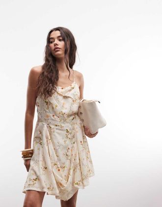 AllSaints Claire - Vestito corto senza maniche rosa chiaro a fiori raccolto con scollo ad anello