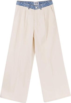 Moschino Beige broek met wijde pijpen en denim tailleband - Dames - Wijde Broeken - Beige - L - Denim - Broeken