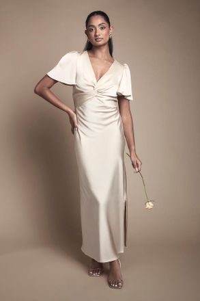 Oasis Womens Champagne Satin Twist Front Angel Sleeve Midi Bridesmaid Dress - Size 16 UK
