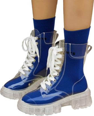 Generic Tall Women Leather Platform Sole Low Chunky Heel Chelsea Boots Winter Easy On Block Rainy Days City Walking Waterproof Non Slip (13) Blue