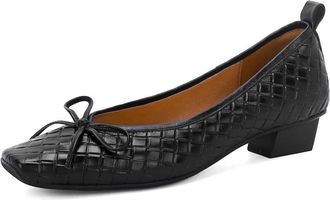 TinaCus Embossed Genuine Leather Womens Square Toe Handmade Bowtie Low Chunky Heels Casual Loafers Shoes, Black, 5.5 UK