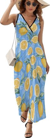 Generic Yellow Lemons Women Dresses Print Maxi Dress Casual Long Beach Sundress L