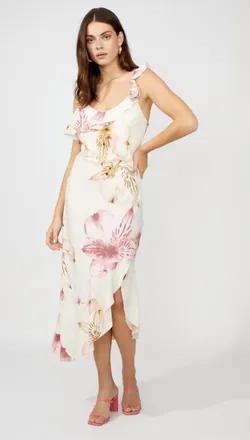 Frank Lyman Design Floral Wrap Midi Dress In Peach/pink