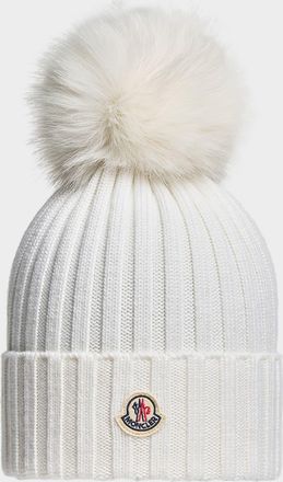 Moncler Ribbed Beanie with Faux Fur Pom