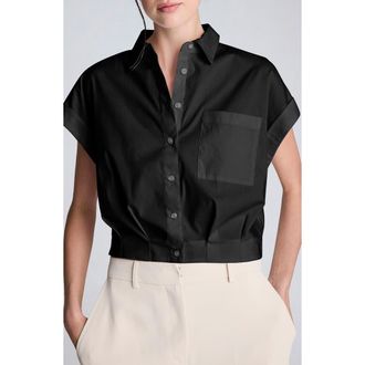 Kenneth Cole Cap Sleeve Crop Button-Up Shirt in Black at Nordstrom Rack, Size Large