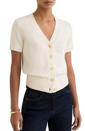 Reiss Anya Short Sleeve Cotton & Wool Cardigan in Ivory at Nordstrom, Size Large