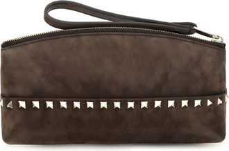 Valentino Garavani Womens Rockstud Suede Pouch Ebony Brown Handbags Hand Bags
