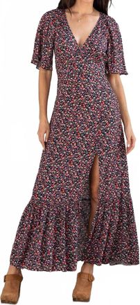 Lovestitch Vintage Floral Print Flutter Sleeve Maxi Dress In Black/fuchsia