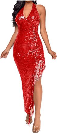 Generic Sequins Dress for Women Halter V Neck Split Tassels Dress Elegant Evening Dress Sparkly Glitter Wrap Bodycon Mermaid Party Cocktail Prom Dresses Backl