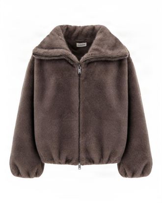P.A.R.O.S.H. Short Taupe Eco Fur Jacket With Stand-Up Collar