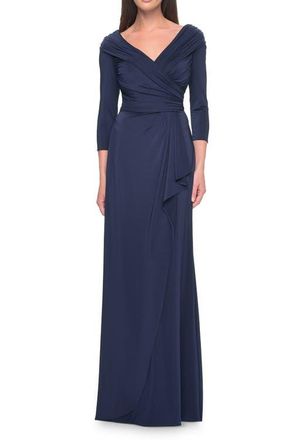 La Femme Ruched Long Dress with Ruffle Skirt Detail and Sleeves in Navy at Nordstrom, Size 12