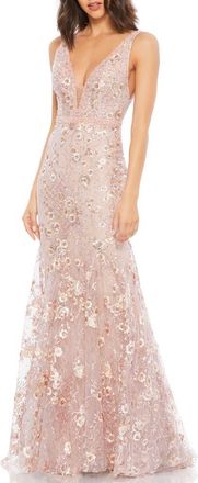 Mac Duggal Floral Embellished Sleeveless Plunge Neck Gown in Rose Pink at Nordstrom, Size 12