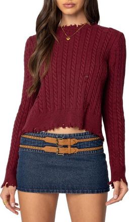 Edikted Split Back Cable Stitch Crewneck Sweater in Burgundy at Nordstrom, Size X-Small