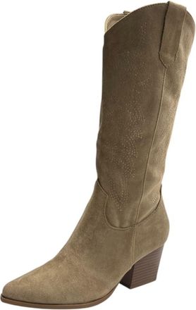 Generic Womens Western Embroidered Cowboy Mid Calf Ladies Fashion Winter Boots (Khaki, One Size, UK Footwear Size System, Adult, Women, Numeric, Medium, 6.5)