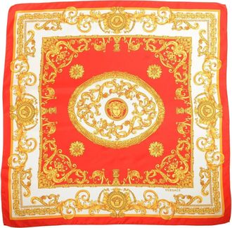 Versace Womens Baroque-Inspired Silk Scarf In Red, White, And Gold