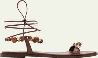 Gianvito Rossi Beaded Nappa Leather Flat Ankle-Tie Sandals