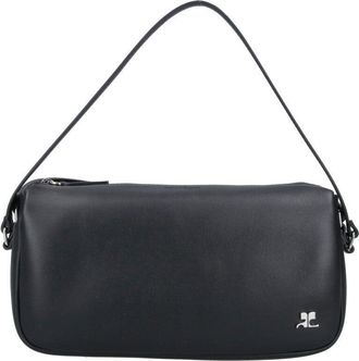 Courr&egrave;ges Rectangular Black Calf Leather Shoulder Bag with Zip Closure