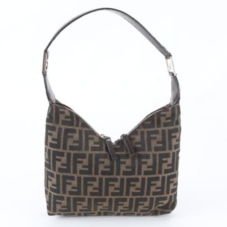 Fendi Brown Leather Canvas Handbag Shoulder Bag Tote Bag (Pre-Owned)