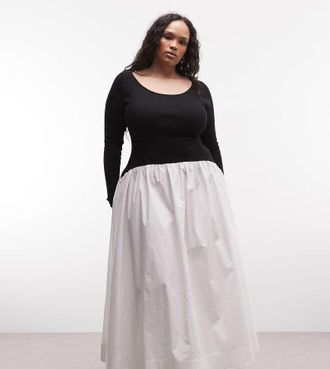 Asos Curve ASOS DESIGN Curve - Vestito lungo ibrido a maniche lunghe nero e bianco con scollo rotondo-Multicolore