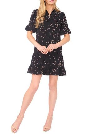 CeCe by Cynthia Steffe Floral Ruffle Sleeve Minidress in Rich Black at Nordstrom, Size X-Large