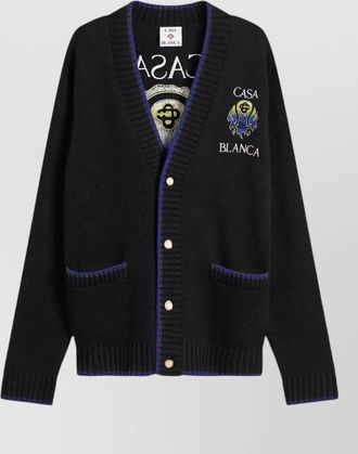 Casablanca cashmere merino wool flaming tennis ball v-neck cardigan