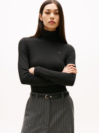 Tommy Hilfiger Langarmshirt TOMMY HILFIGER SLIM 5X2 RIB ROLL-NK LS, Damen, Gr. XXL, schwarz, Rippware, Obermaterial: 95% Viskose, 5% Elasthan, unifarben, Basic, schm