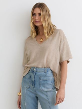 Reiss Stone Neutral Linen V-neck T-shirt, XS