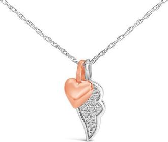 House of Brilliance 14K Rose Gold Plated Sterling Silver 1/10 Cttw Diamond Heart & Wing Pendant Necklace in White Gold Over Silver at Nordstrom
