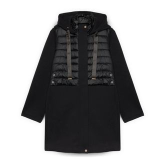 Fiorella Rubino Jassen, Dames, Zwart, 6Xl, Leer, Lange bi-materiaal gewatteerde jas met capuchon