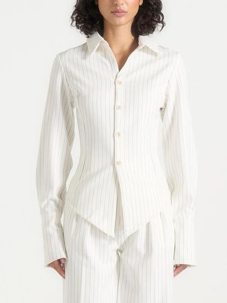 Mani&egrave;re De Voir Sonia Pinstripe Asymmetric Shirt in White at Nordstrom, Size 10