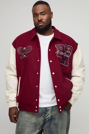 Boohooman Mens Plus Oversized Fit Tennis Applique Varsity Bomber Jacket - Burgundy - Size 2XL
