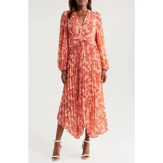 Chelsea28 Pleated Long Sleeve Chiffon Dress in Rust- Pink Wind Floral at Nordstrom Rack, Size X-Small