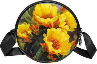 Generic Circle Crossbody Bag for Women, Cactus Flowers Small Sling Bag Daypack with Zipper Adjustable Shoulder Straps Casual Ladies Girls Round Purse