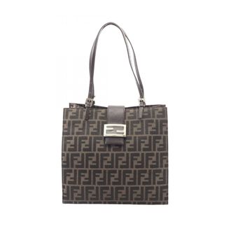 Fendi Brown Leather Canvas Tote Bag (Pre-Owned)