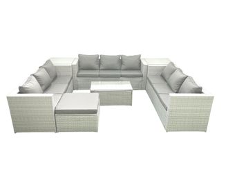 Fimous Rattan Garden Outdoor Furniture Set 10 Seater Garden Sofa Coffee Table Set with Big Footstool 2 Side Tables Light Grey Mixed