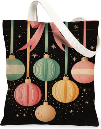 Generic Vintage Festive Canvas Tote Bags, Decorative Ornaments Pattern Reusable Grocery Bags, Lightweight Washable Shoulder Strap C, Black, 13x15 Inch