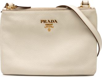 Prada Pre-owned Womens Vitello Daino Double Zip Crossbody - Ivory Leather - One Size