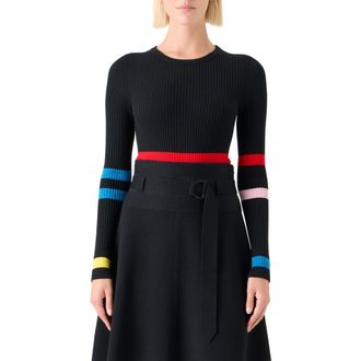 Akris Stripe Virgin Wool Rib Sweater in Black-Multicolor at Nordstrom, Size 16