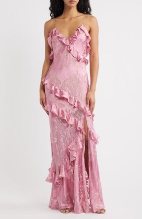 LoveShackFancy Dean Ruffle Sleeveless Satin Maxi Dress in Dusty Rose at Nordstrom, Size 12