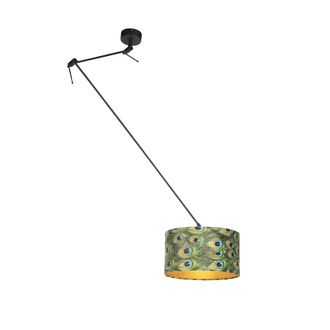 QAZQA Cl&aacute;sico/antiguo L&aacute;mpara Colgante Negra Con Pantalla De Terciopelo Pavo Real Con Dorado 35 Cm - Blitz Textil /acero Cil&iacute;ndra /alargada /redonda Adecuad