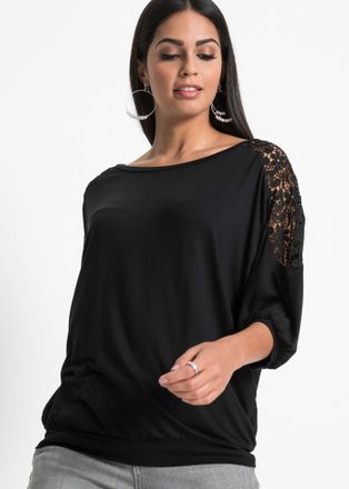 Bonprix Oversize-Shirt BONPRIX, Damen, Gr. 52/54 (XXL), schwarz, Obermaterial: 95% Viskose, 5% Elasthan. Spitze: 100% Polyester, oversize, Shirts Oversize-Shi