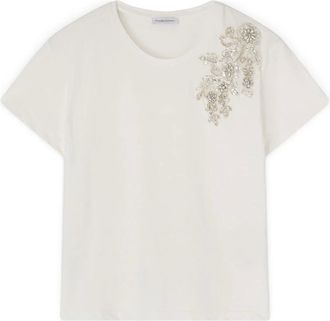 Motivi Tops, Dames, Wit, S, Katoen, T-shirt met bloemenapplicatie van kristal en parels