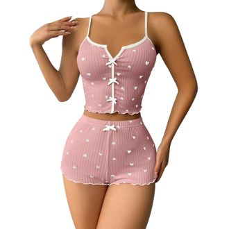 Generic Womens Pjs Shorts Set 2 Piece Heart Pjama Set Women Summer Cami Tops and Drawstring Shorts Pj Sets Elegant Crop Ribbed Tank Top Pyjamas Sleepwear Nigh